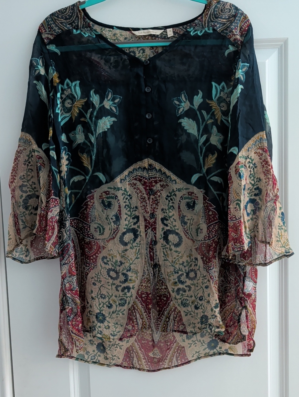 Soft Surroundings Black Sheer Boho Paisley Tunic with Teal & Cream Accents